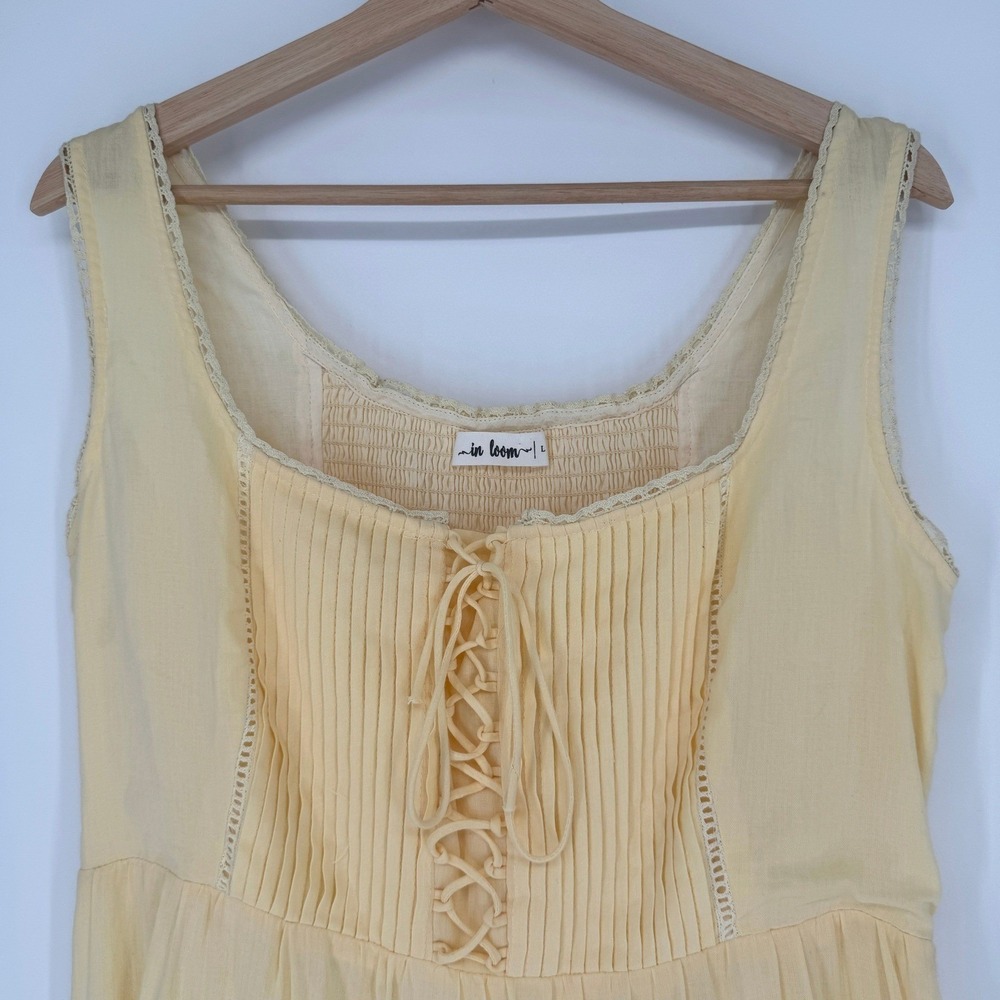Loom Butter Yellow Lace Up Corset Maxi Dress L Cottagecore Prairie Boho Romantic - Picture 2 of 13